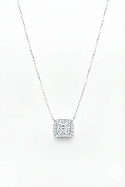 14K Radiant or Emerald Cut Halo CVD Lab Grown Diamond Necklace