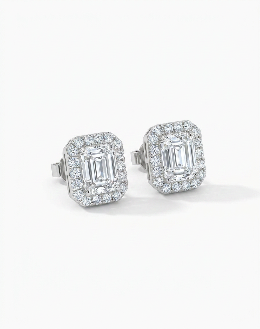 14K Halo CVD Lab Grown Diamond Earrings – Radiant or Emerald Cut | Yellow Gold or White Gold