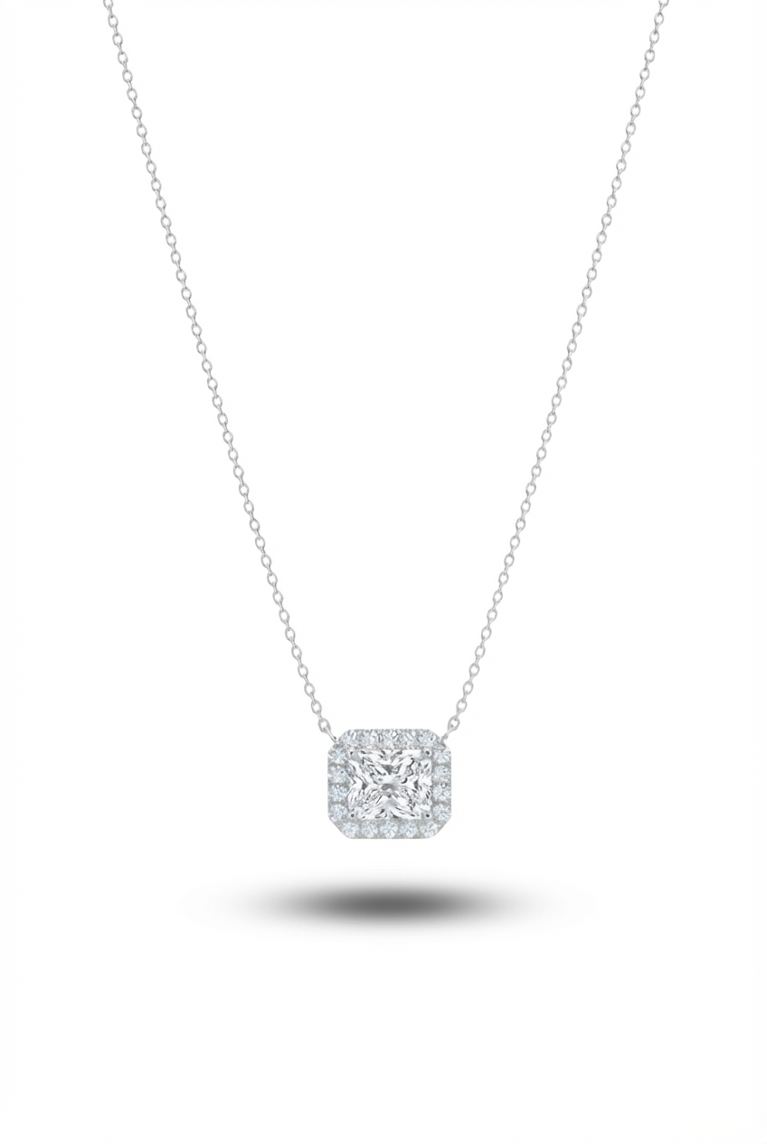 14K Radiant or Emerald Cut Halo CVD Lab Grown Diamond Necklace