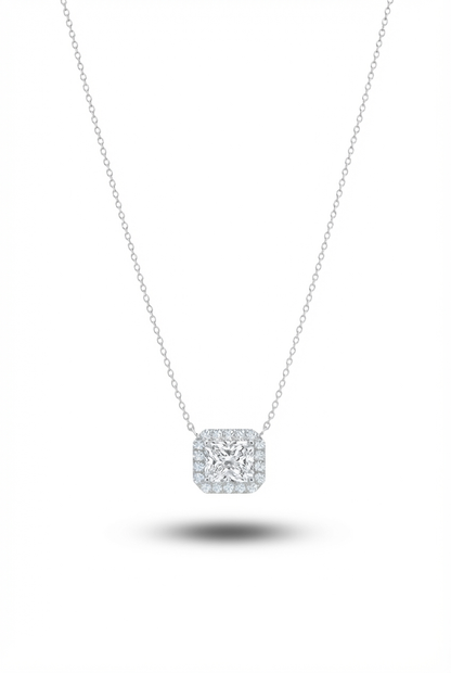 14K Radiant or Emerald Cut Halo CVD Lab Grown Diamond Necklace