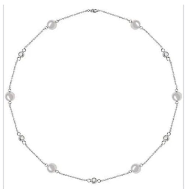 Sterling Silver Pearl And CZ Tincup Necklace