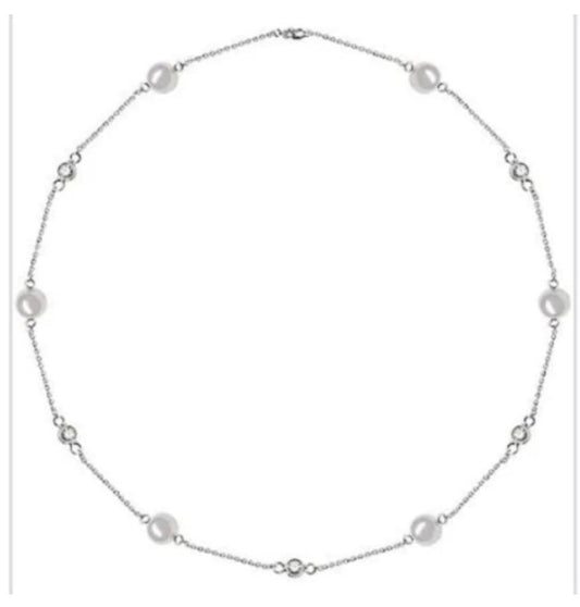 Sterling Silver Pearl And CZ Tincup Necklace