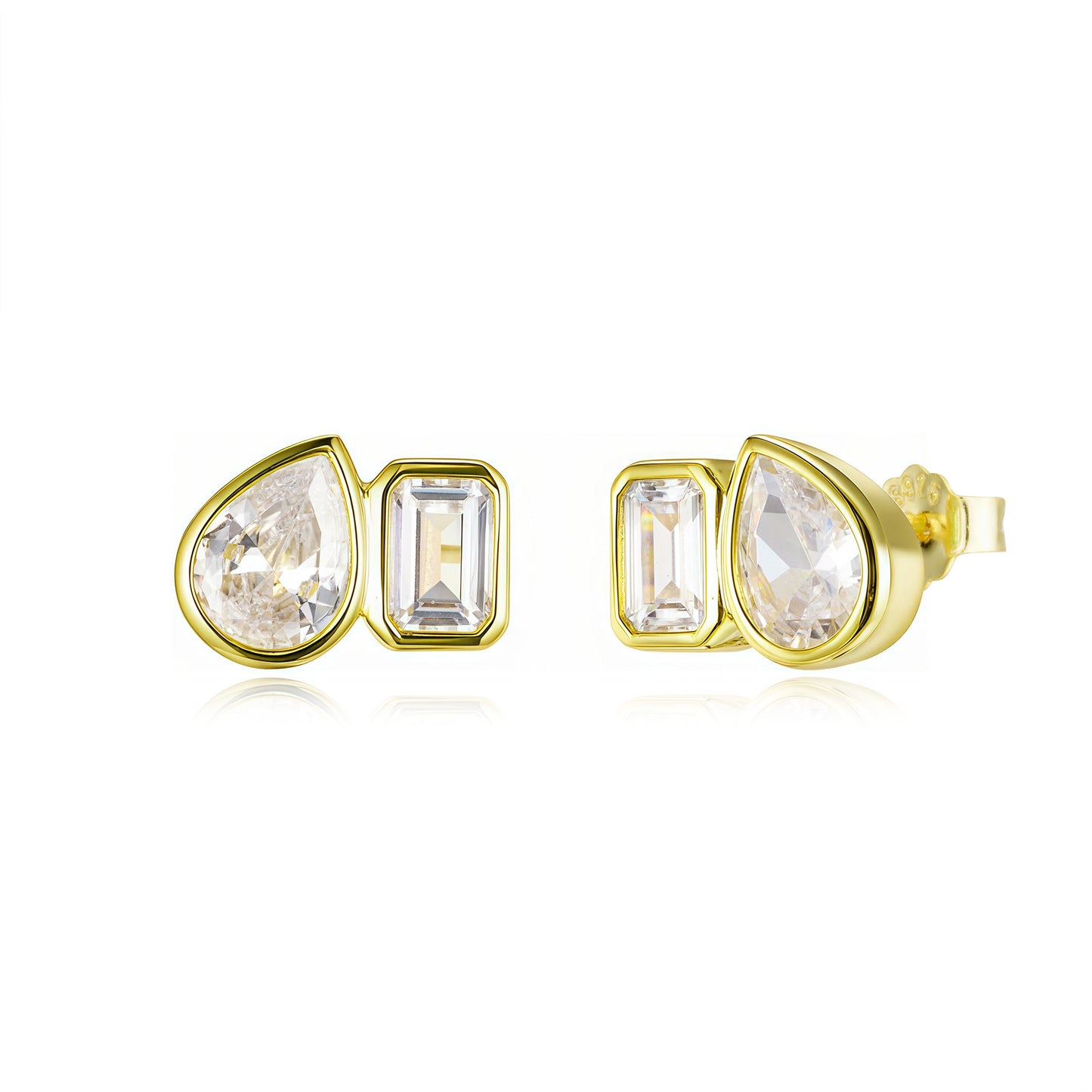 Sterling Silver Bezel Set CZ Stud Earrings - Pear and Emerald Cut