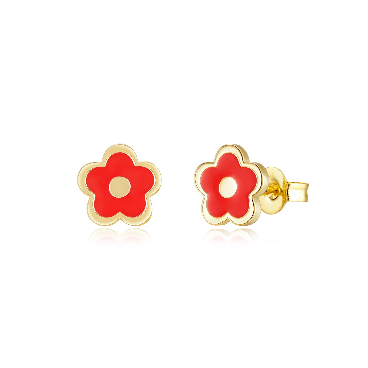 Gold-Plated Enamel Flower Stud Earrings with Center Circle - Hypoallergenic Surgical Steel Kids