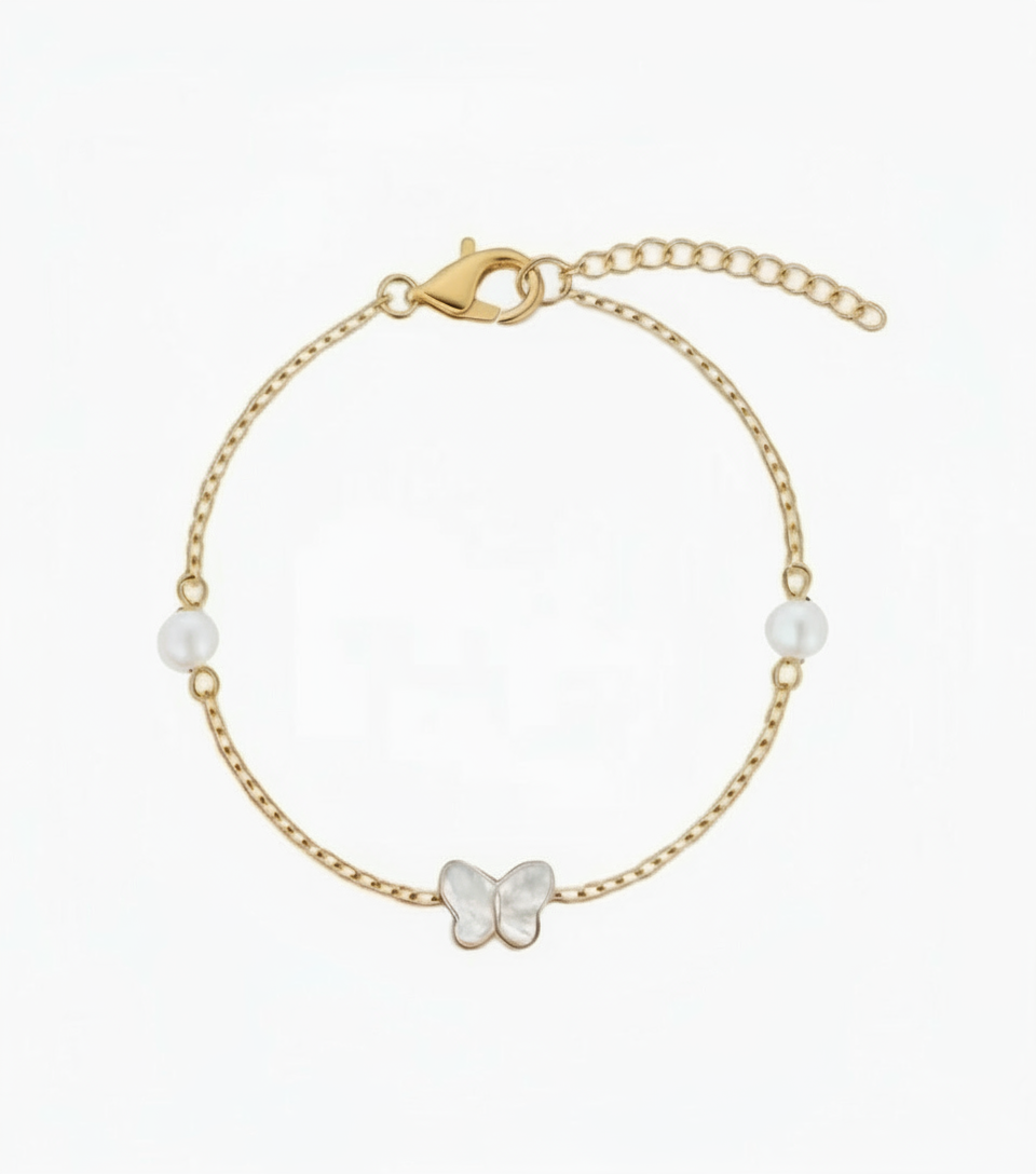 Gold Plated Sterling Silver Pearl and Mother Of Pearl Butterfly Bracelet