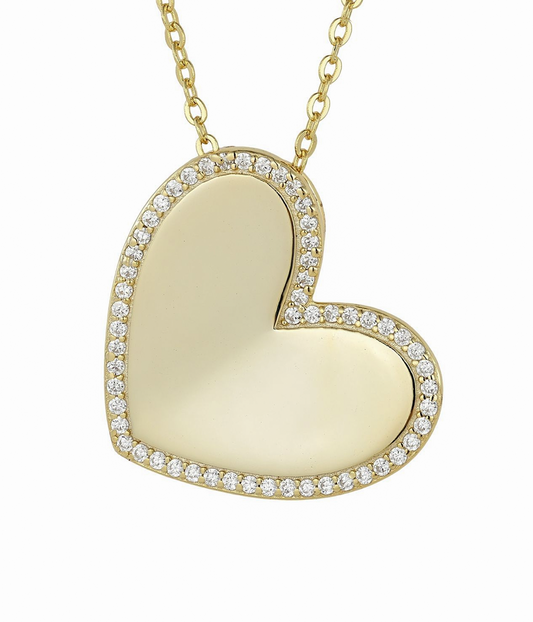 Sterling Silver Gold Plated Large Heart With CZ Border Necklace