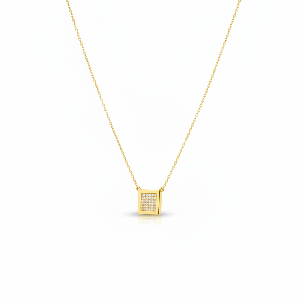 Gold Plated Sterling Silver Pave Cubic Zirconia Square Pendant Necklace