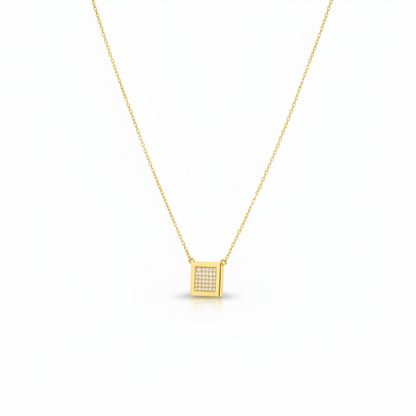 Gold Plated Sterling Silver Pave Cubic Zirconia Square Pendant Necklace
