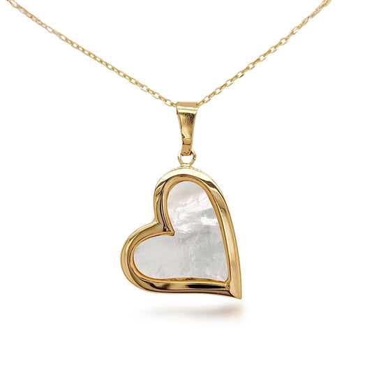 14k Gold Mother of Pearl Tilted Heart Pendant Necklace