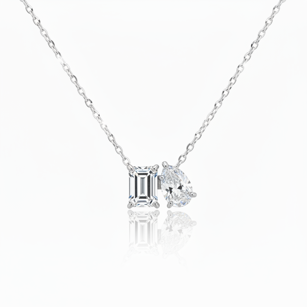 14K Emerald Cut and Pear Shaped Two Stone Lab Grown Diamond Necklace