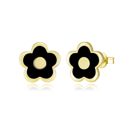Gold-Plated Enamel Flower Stud Earrings with Center Circle - Hypoallergenic Surgical Steel Kids