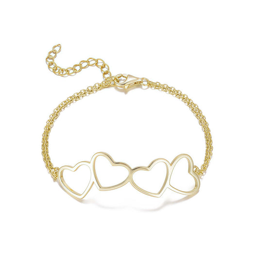 Gold Plated Sterling Silver Four Heart Double Chain Bracelet