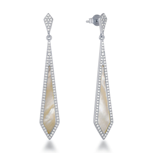 Sterling Silver Dangling Kite Shaped Mother of Pearl with Micropave Border Earrings
