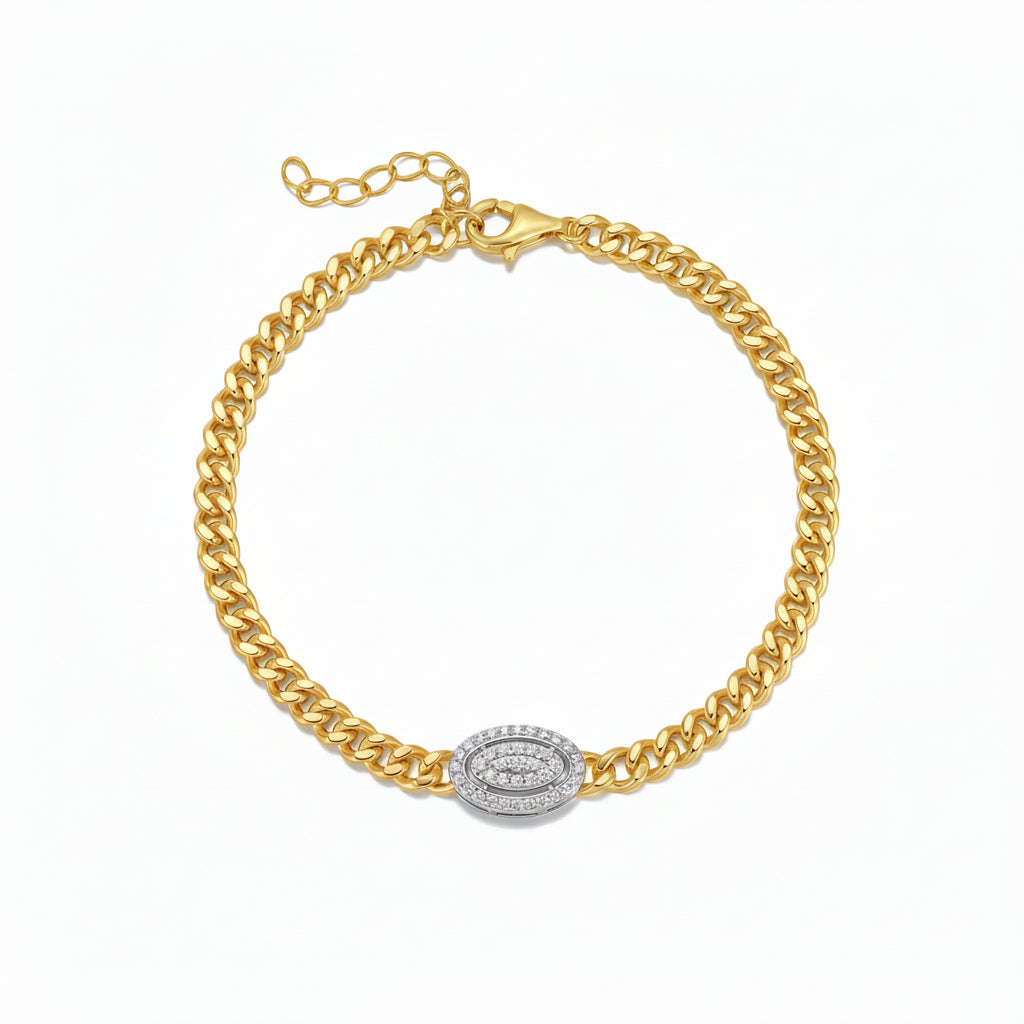 Micropave Oval Cuban Curb Chain Bracelet - Gold Plated Silver 6" + 1"