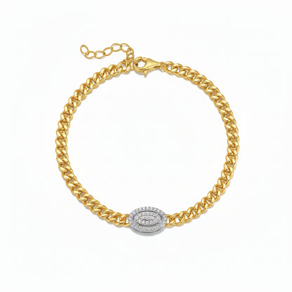 Micropave Oval Cuban Curb Chain Bracelet - Gold Plated Silver 6" + 1"
