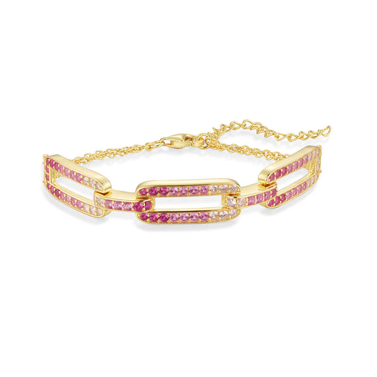 Sterling Silver Gold Plated CZ Paperclip on Double Chain Bracelet