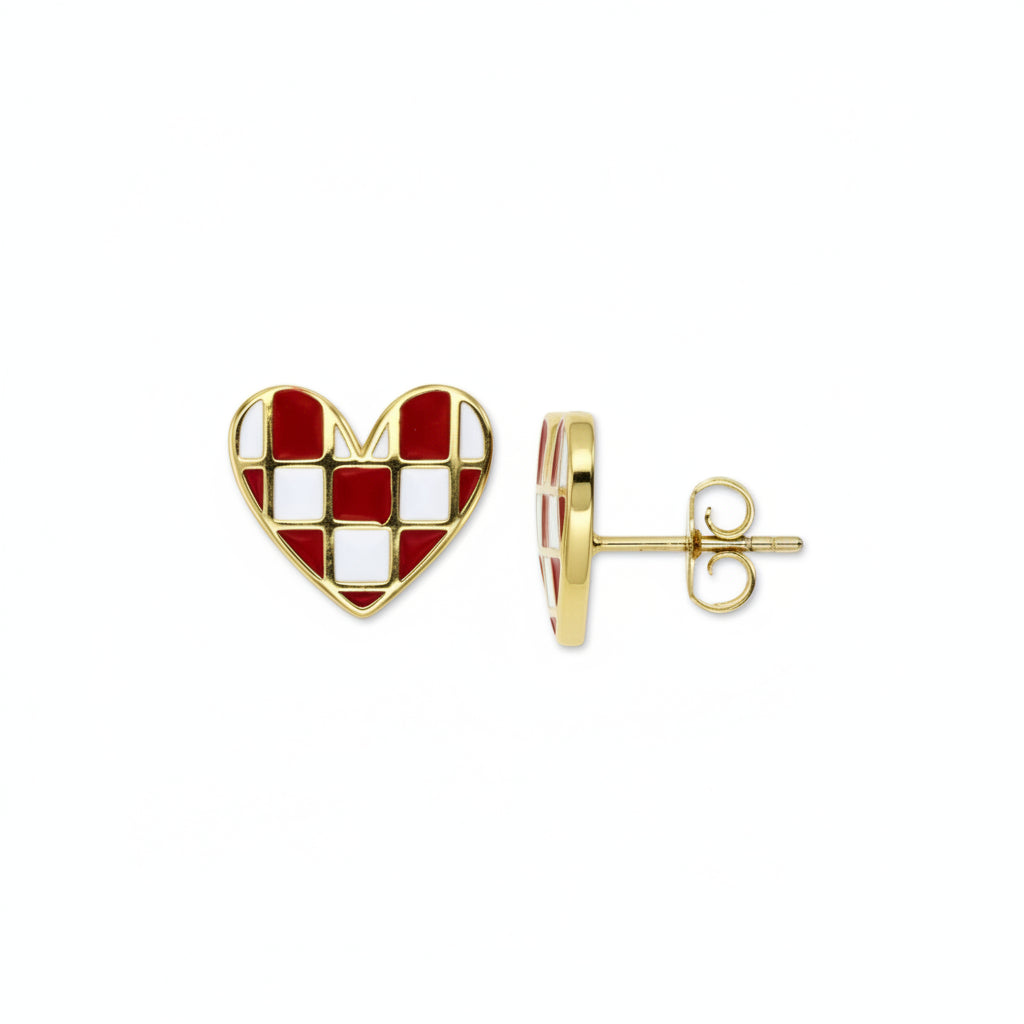 Gold-Plated Surgical Steel Checkerboard Enamel Heart Stud Earrings - Hypoallergenic Kids Jewelry