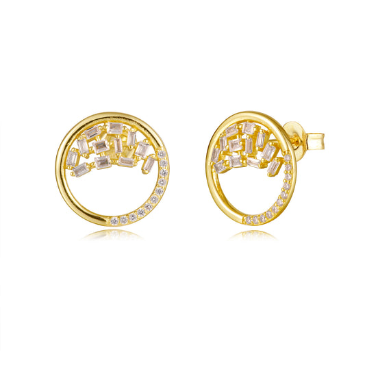 Sterling Silver Gold Plated Open Circle Sprinkled CZ Stud Earrings