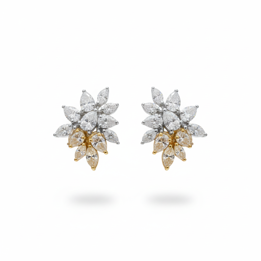 Botanical Cluster Lab Diamond Stud Earrings in 14k Two Tone White and Yellow Gold