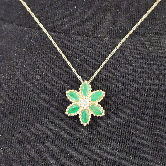 14K Gold White Sapphire and Emerald Flower Necklace