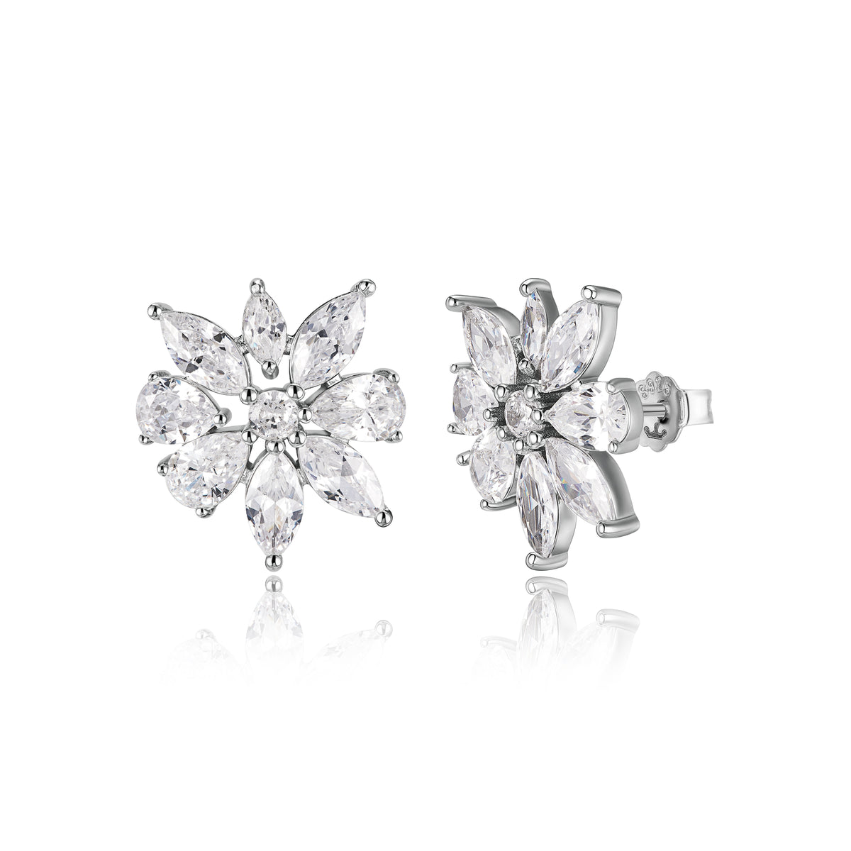 Rhodium Plated Sterling Silver CZ Flower Cluster Stud Earrings