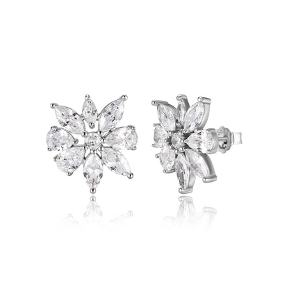 Rhodium Plated Sterling Silver CZ Flower Cluster Stud Earrings