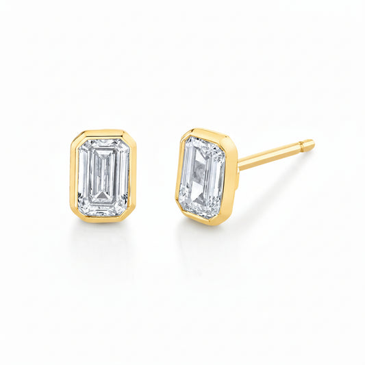 14K Gold 2.15ct CVD Emerald Cut Bezel Stud Earrings