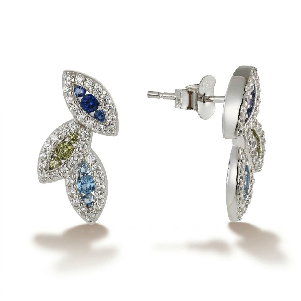 Sterling Silver Multicolor Marquise Shapes CZ Stud Earrings