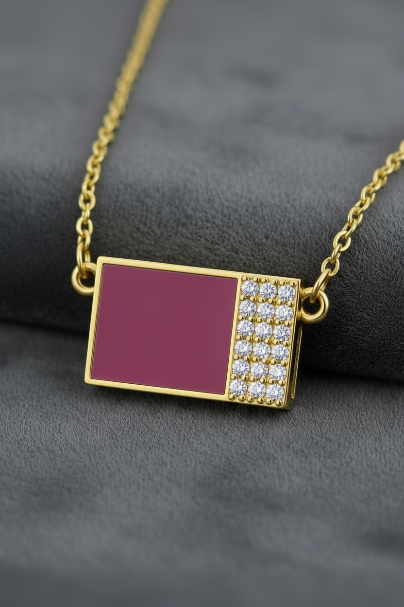 Sterling Silver Rectangular Pendant Necklace - Dark Pink Enamel Square & CZ