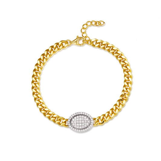 Gold-plated Sterling Silver Link Chain With Center CZ Oval Bracelet