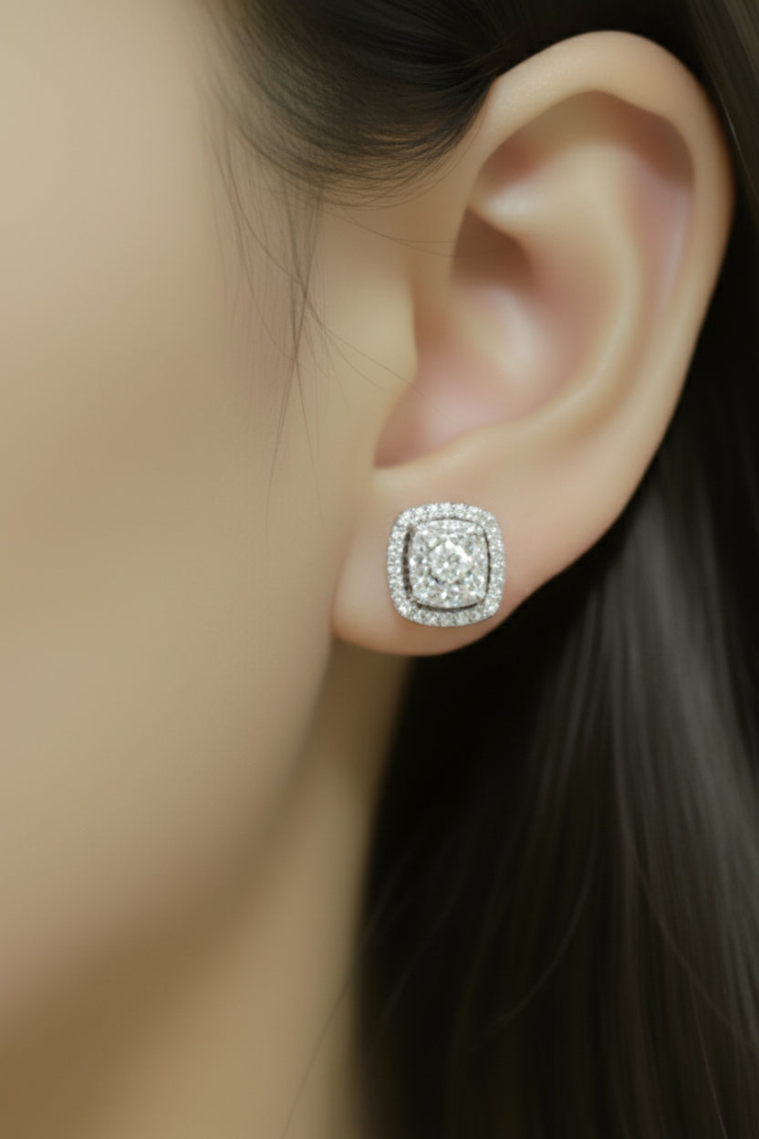 10K Gold Micropave Cushion Shaped Diamond Stud Earrings