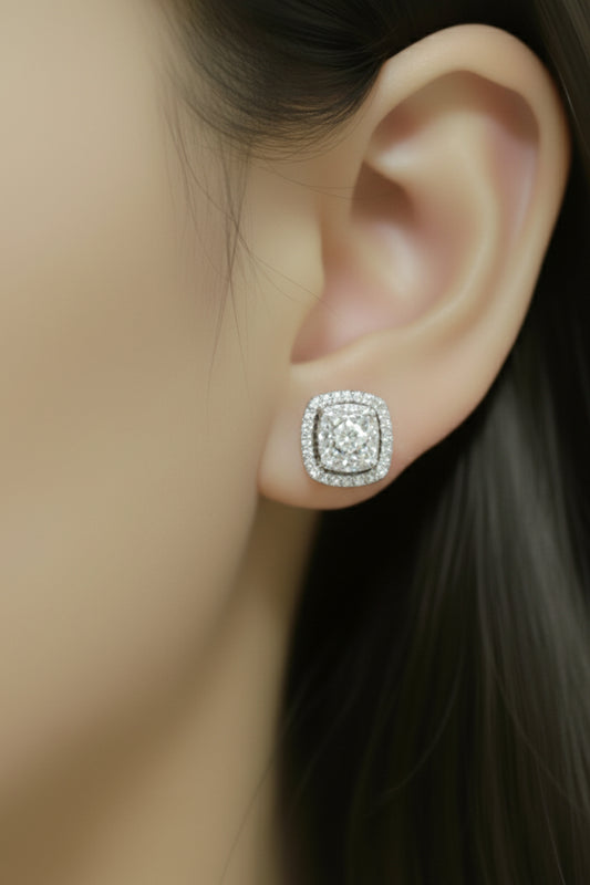 10K Gold Micropave Cushion Shaped Diamond Stud Earrings