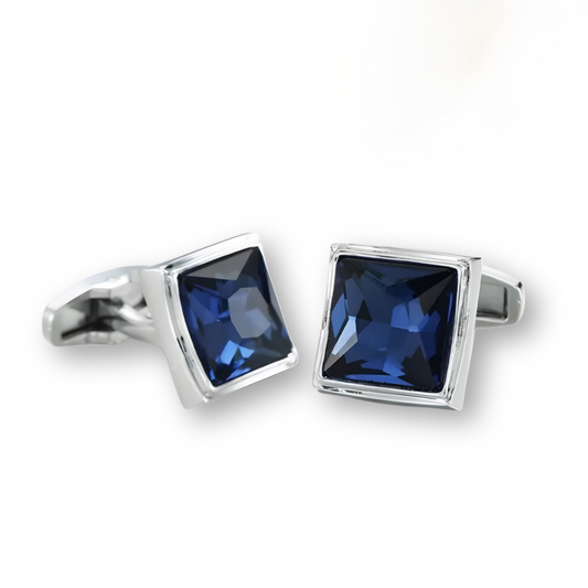Silver Color Square Cufflinks with Large Blue Stone
