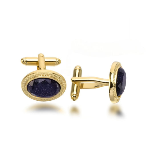 Gold-plated Oval Cufflinks with Sparkled Navy Center Stone