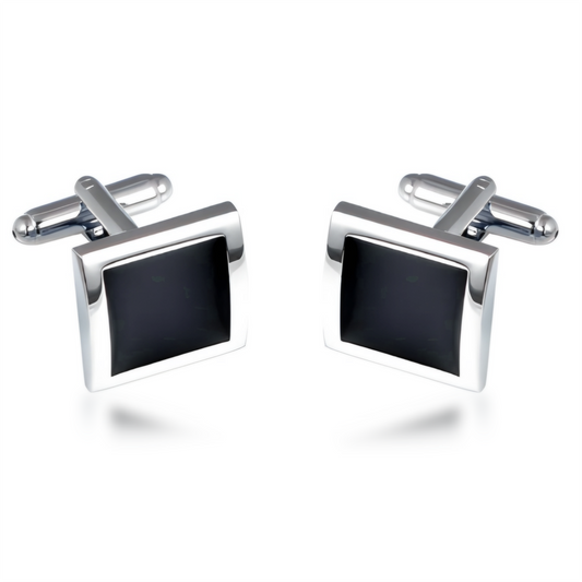 Silver Color Square Cufflinks with Black Center Stone