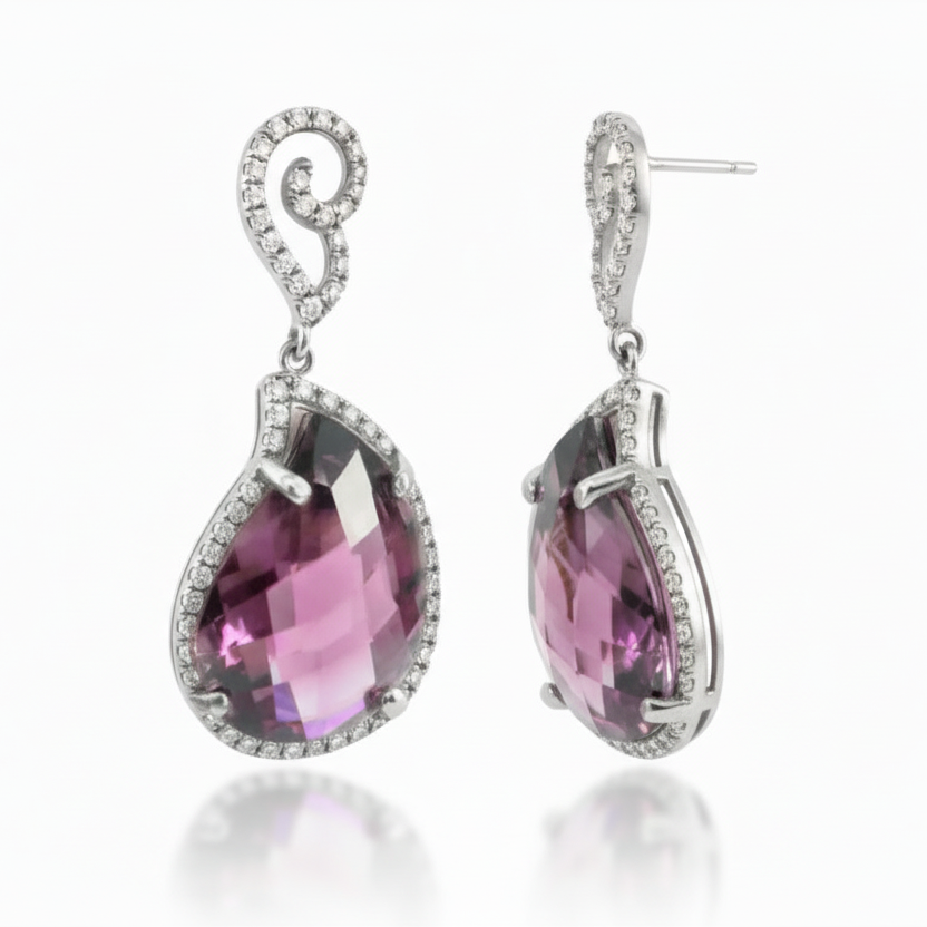 Sterling Silver Micropavé Purple CZ Teardrop Dangle Earrings
