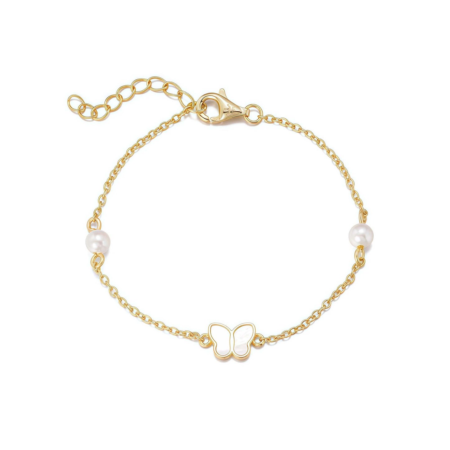Gold Plated Sterling Silver Pearl and Mother Of Pearl Butterfly Bracelet