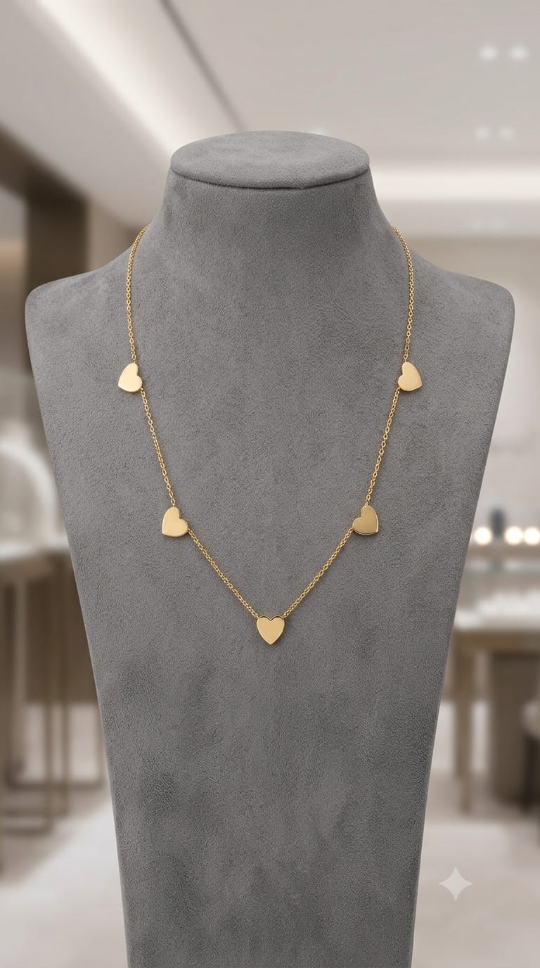 Sterling Silver Shiny Heart Station Necklace