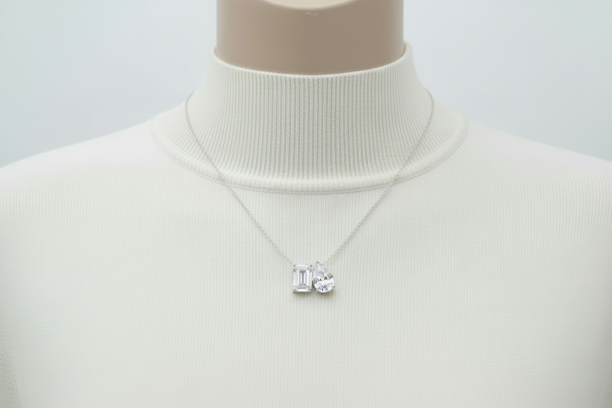 14K Emerald Cut and Pear Shaped Two Stone Lab Grown Diamond Necklace