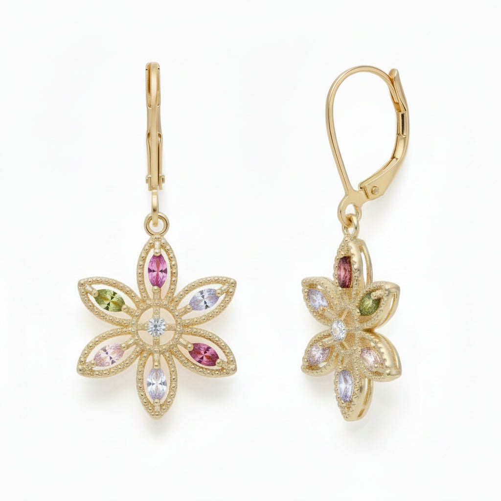 Gold Plated Surgical Steel Flower With Colored Stone Earring