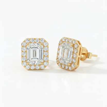 14K Halo CVD Lab Grown Diamond Earrings – Radiant or Emerald Cut | Yellow Gold or White Gold