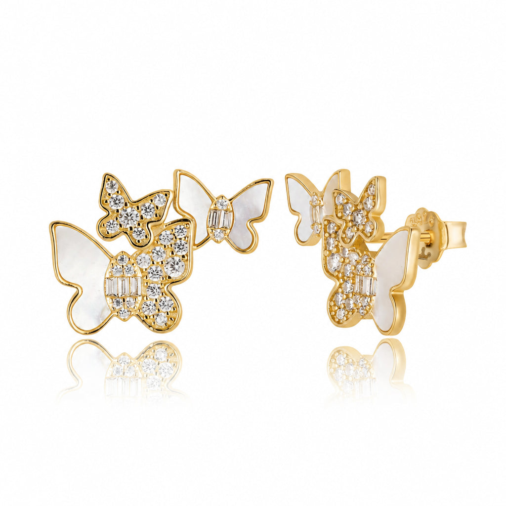 Sterling Silver Triple Butterfly Stud Earrings – White Mother of Pearl & CZ