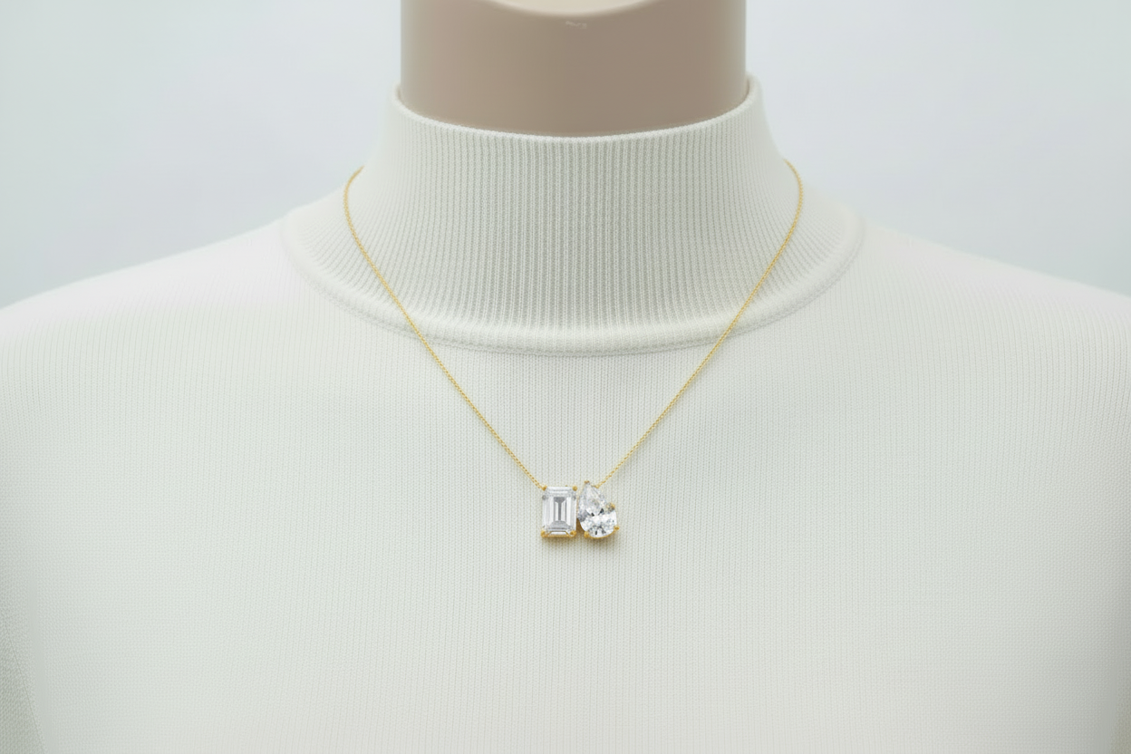 14K Emerald Cut and Pear Shaped Two Stone Lab Grown Diamond Necklace