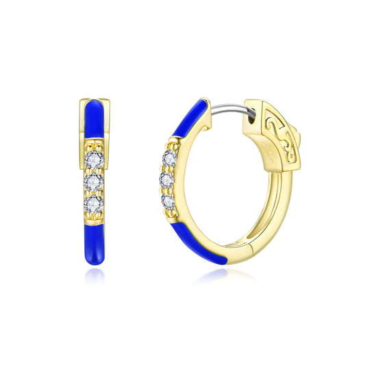 Surgical Steel Gold Plated Oval CZ and Enamel Hoop Earrings