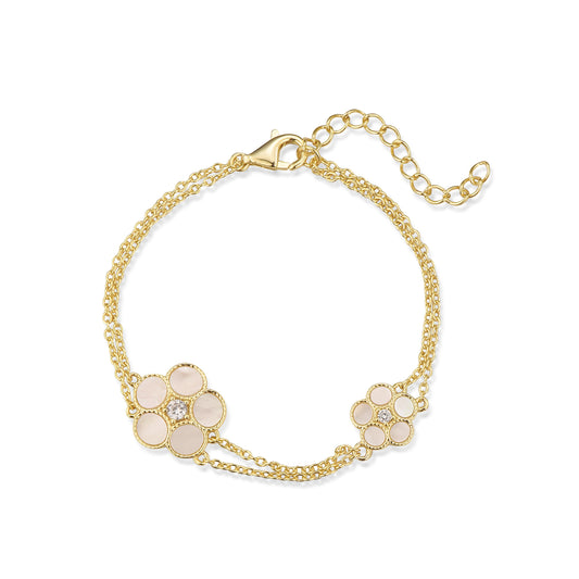 Gold-plated Sterling Silver Double Chain With Mother of Pearl Flowers Bracelet