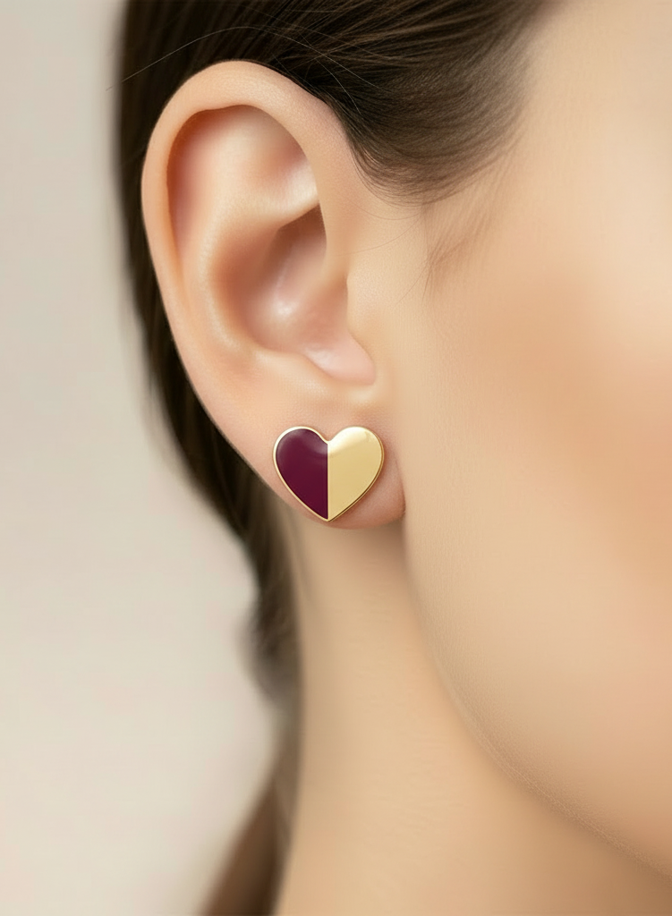 Gold-Plated Half Enamel Heart Stud Earrings - Hypoallergenic Surgical Steel Kids