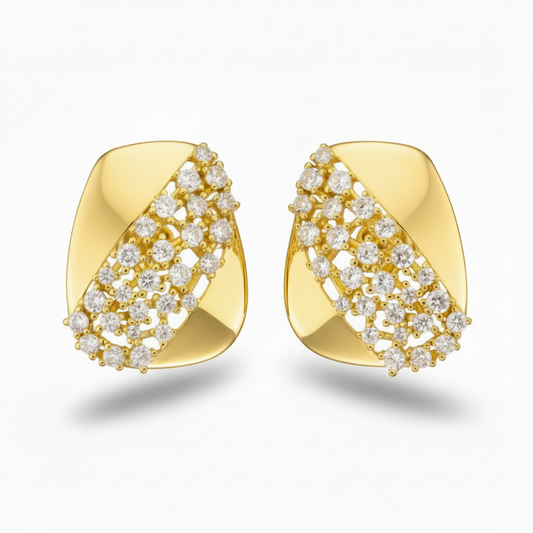 Sterling Silver Gold Plated Rectangular Shaped With CZ Stud Earrings