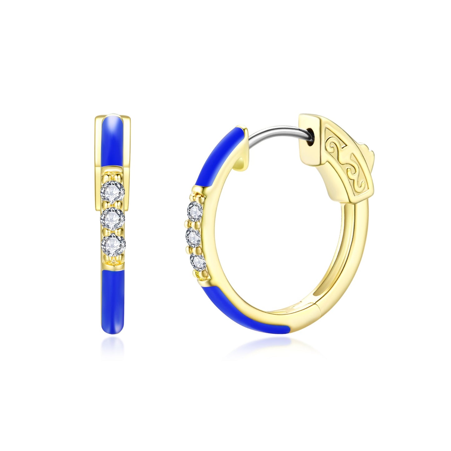 Surgical Steel Gold Plated Round CZ and Enamel Hoop Earrings