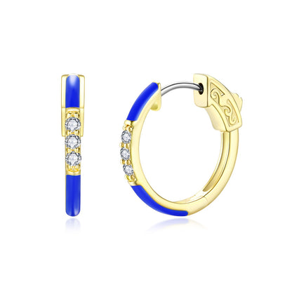 Surgical Steel Gold Plated Round CZ and Enamel Hoop Earrings