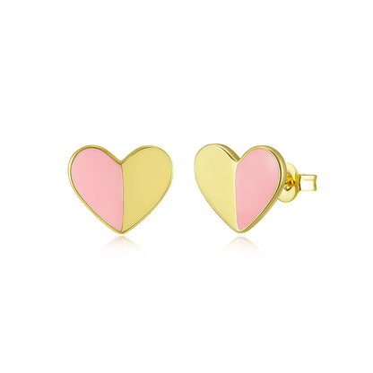 Gold-Plated Half Enamel Heart Stud Earrings - Hypoallergenic Surgical Steel Kids
